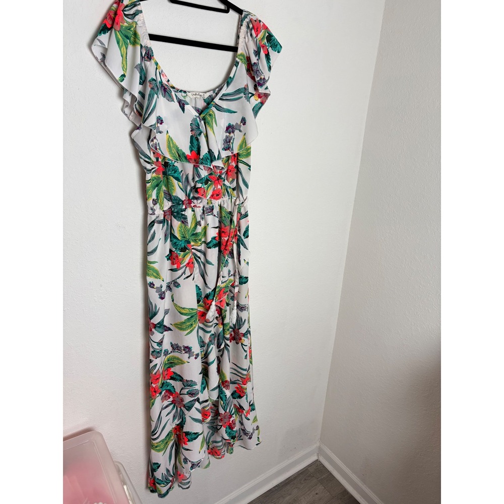 Indulge Tropical Floral‎ Maxi Dress XL White Multicolor Excellent Ruffle Boho